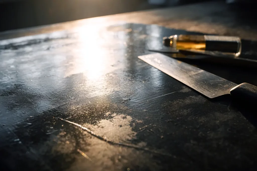 Hand wiping countertop after using kitchen knife and cooking oil, with sunlight reflecting off