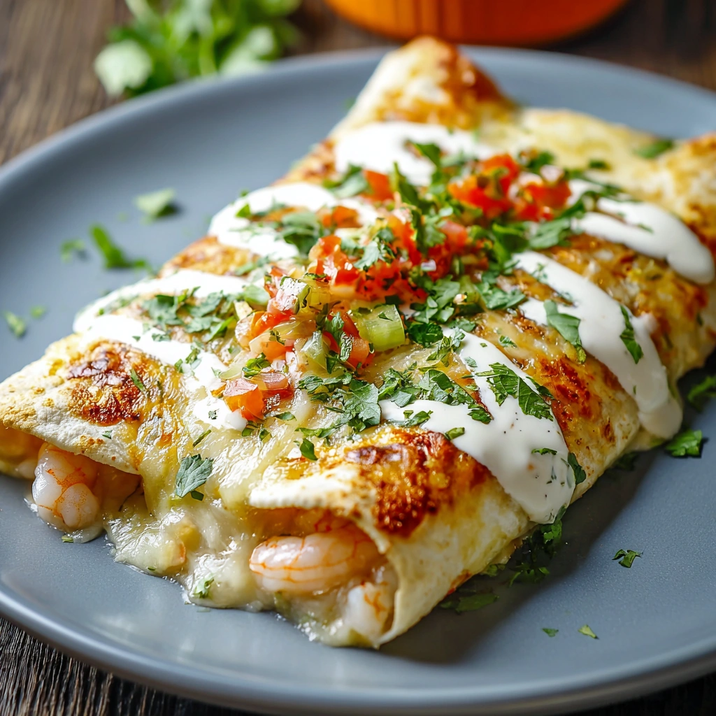 Single creamy shrimp enchilada served with sour cream, pico de gallo, and guacamole