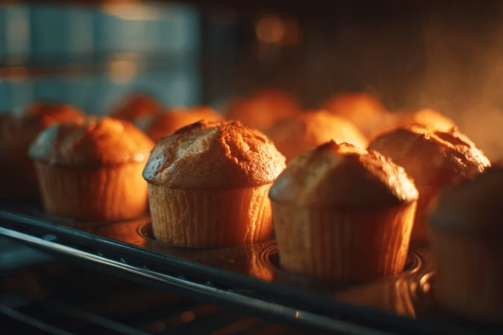 Kodiak banana muffins baking in the oven with golden domed tops starting to rise.