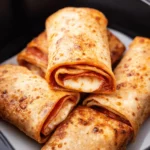Air fryer pizza rolls with melted cheese and pepperoni served with marinara sauce