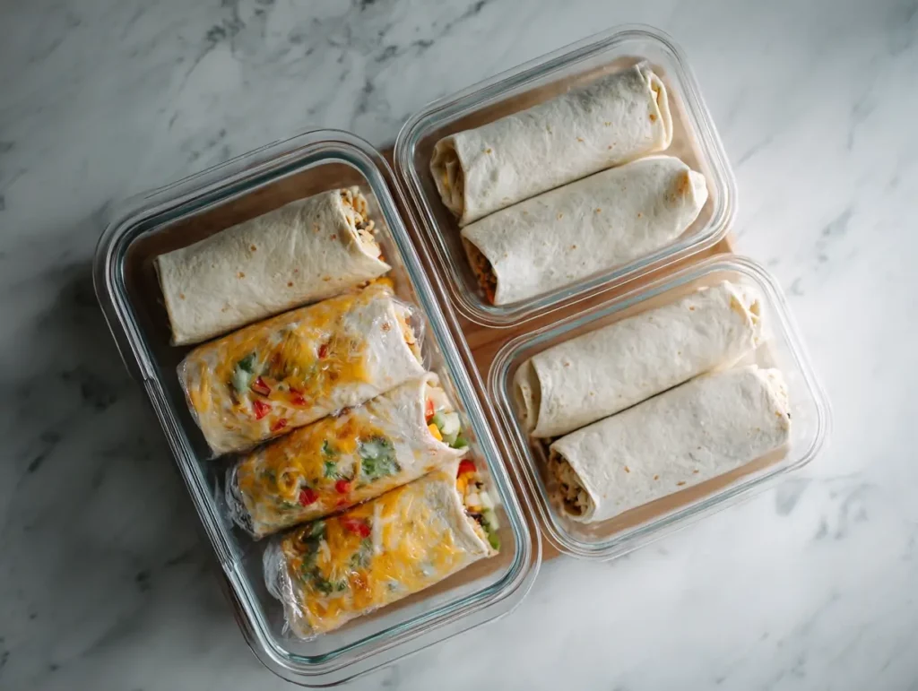 Freezer-friendly vegetarian breakfast burritos wrapped and labeled for storage