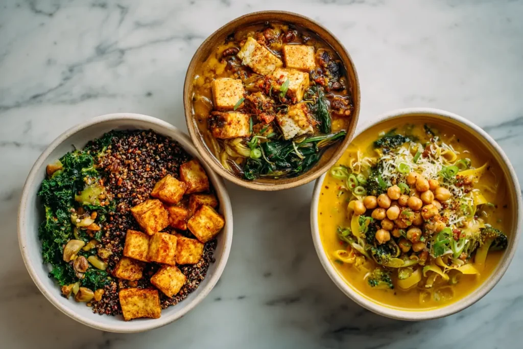 xVegan high protein lunches with tofu, lentils, and pasta, styled in bright bowls with greens, legumes, and grains.