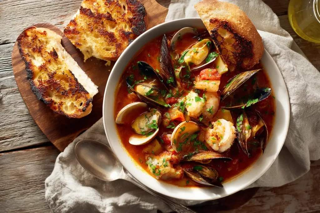 Close-up of a spoon lifting seafood from a bowl of cioppino, with steam and crusty bread in the background.

