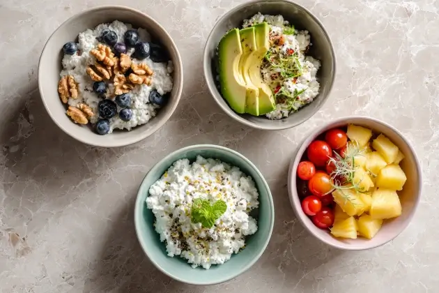 Cottage cheese bowls with fruit, nuts, and veggies for a high-protein, low-carb breakfast
