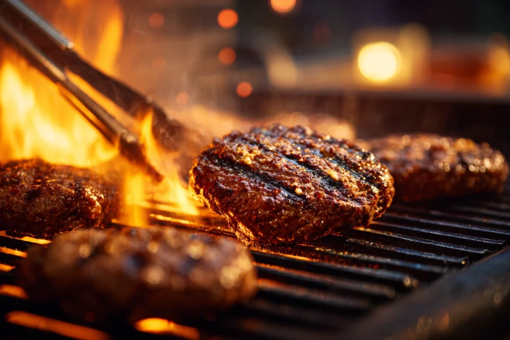 Crack burger patties grilling with cheddar cheese bubbling and grill marks showing.