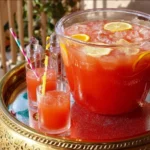 Glasses of party punch with lemon slices and colorful straws served on a sunny table.