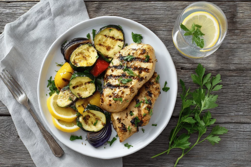 Grilled lemon chicken plated with roasted vegetables and fresh lemon wedges on a dinner plate.