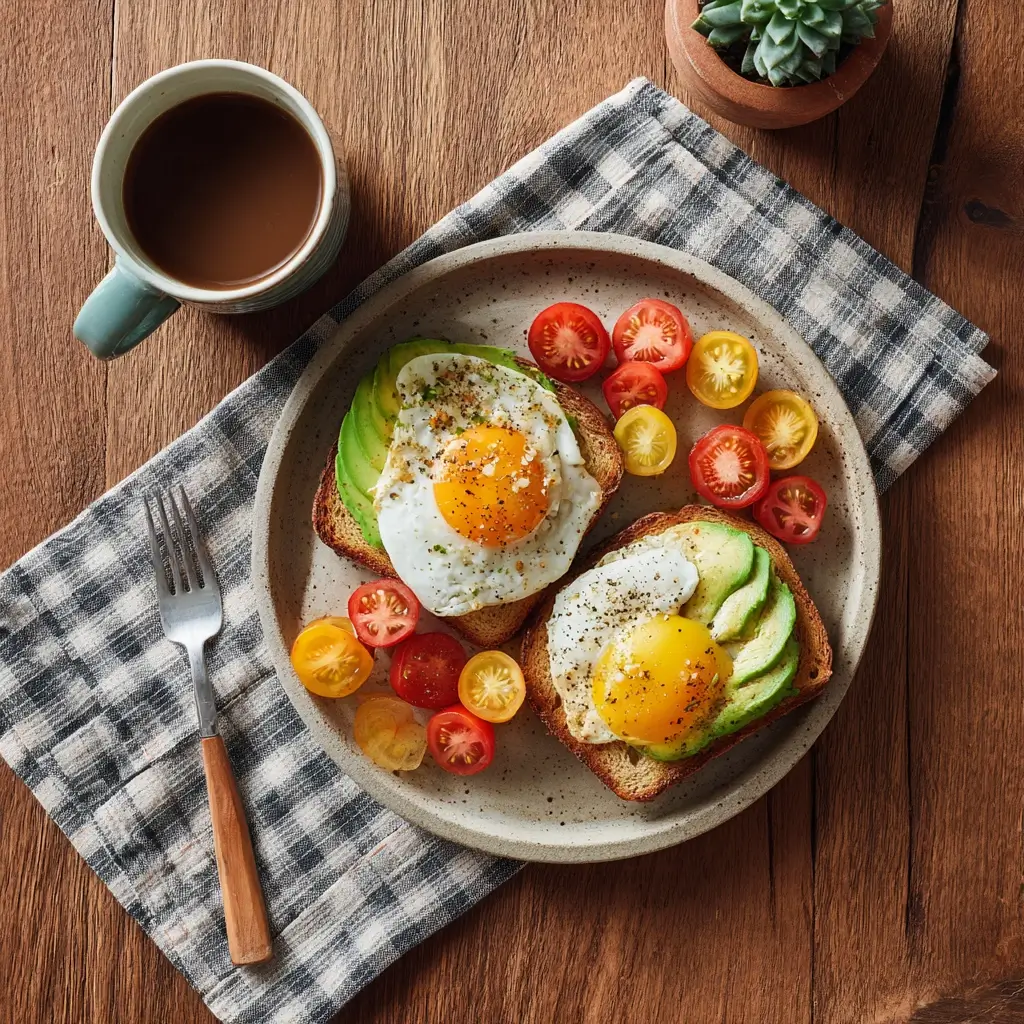 Air fryer egg toast served with avocado, tomatoes, and coffee.