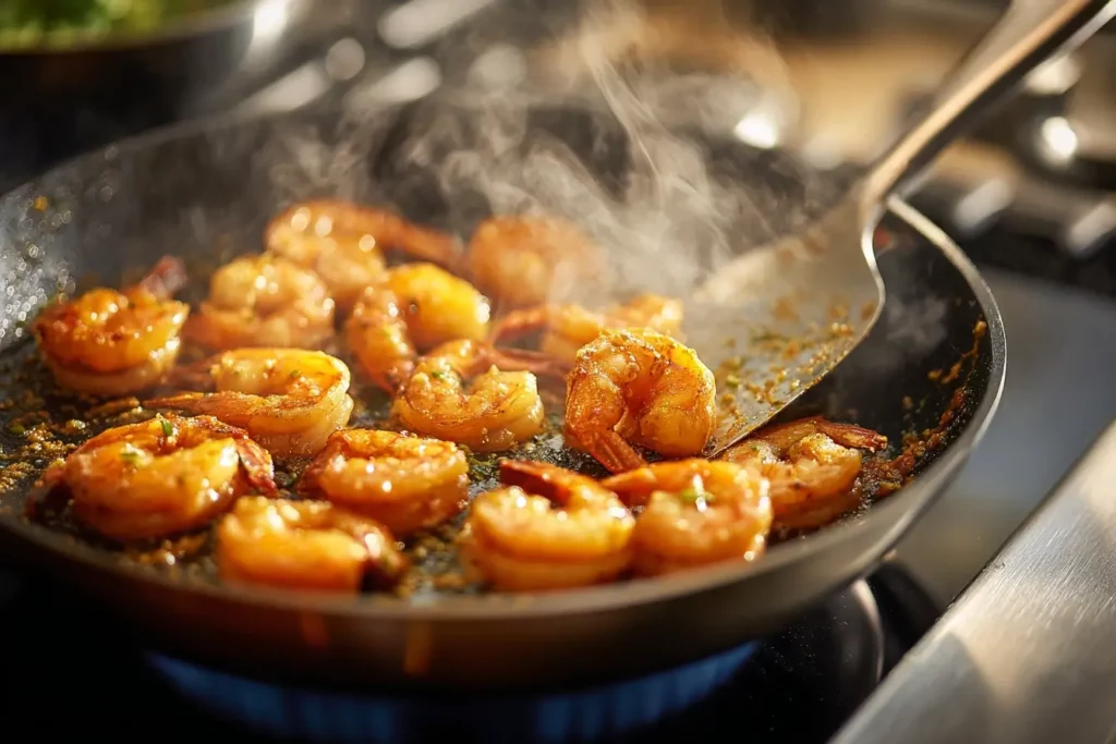 Shrimp sizzling in pan with golden edges and garlic visible