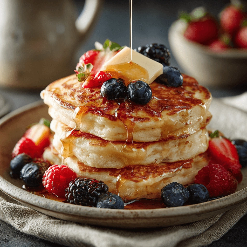 Stack of homemade Kodiak pancakes topped with butter, maple syrup, and berries.