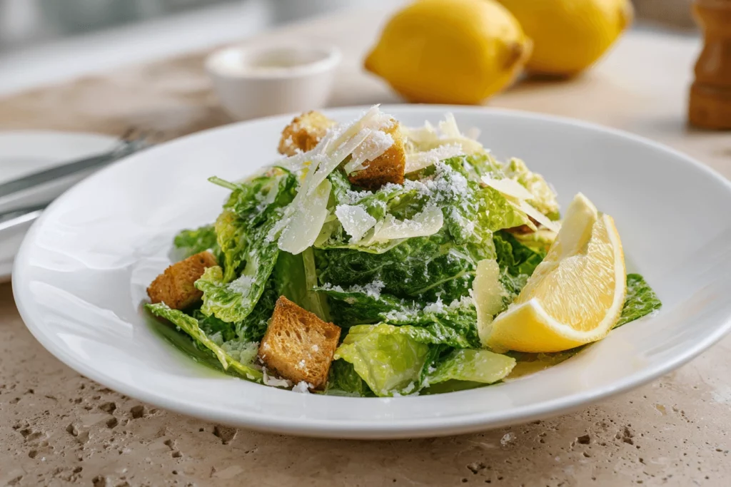Close-up of Caesar salad served on a plate with Parmesan and lemon wedge