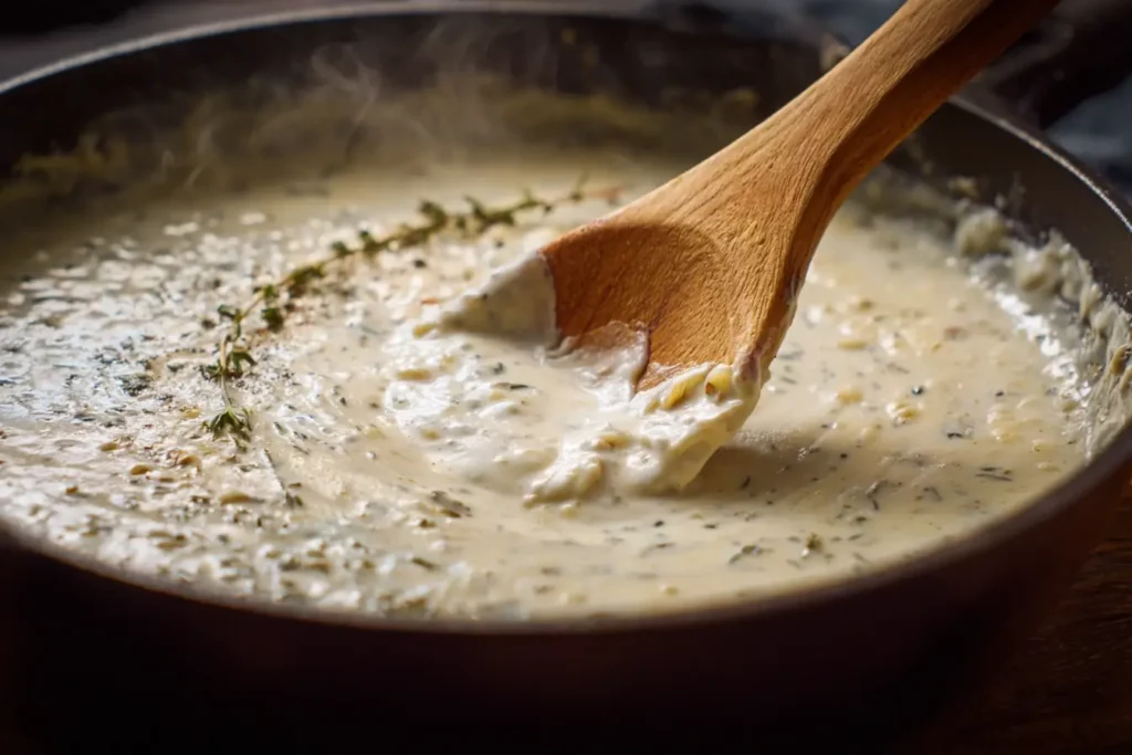 Creamy herb and parmesan sauce simmering in skillet for chicken pasta