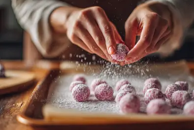 Rolling strawberry truffles in powdered sugar on parchment paper