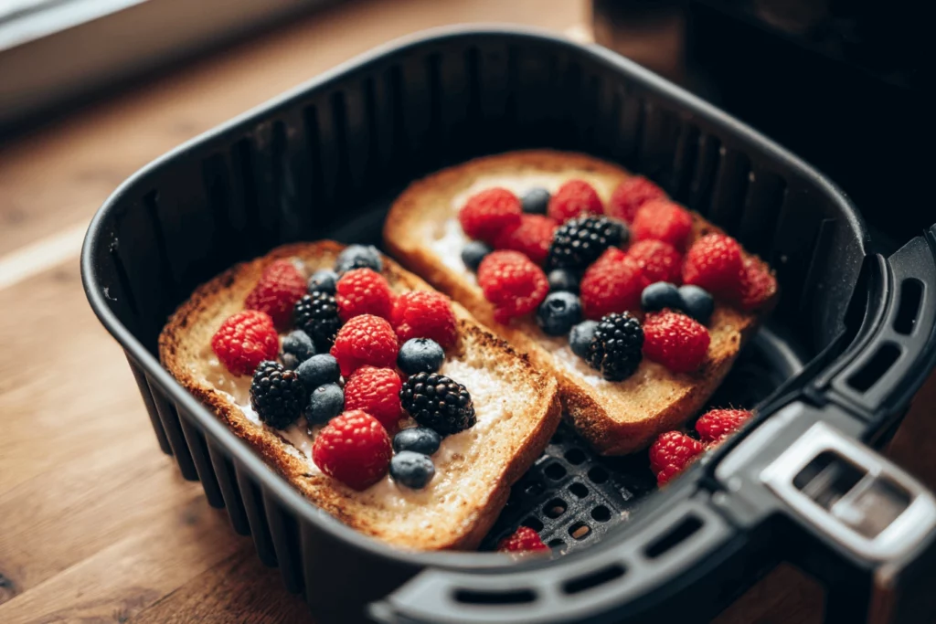 Yogurt custard toasts baking inside an air fryer basket