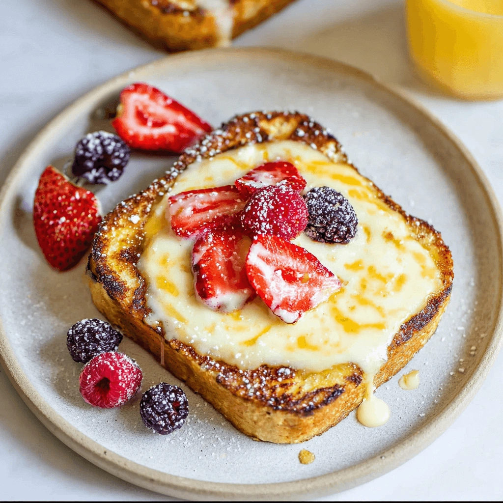 Golden custard toast plated with powdered sugar and maple syrup drizzle