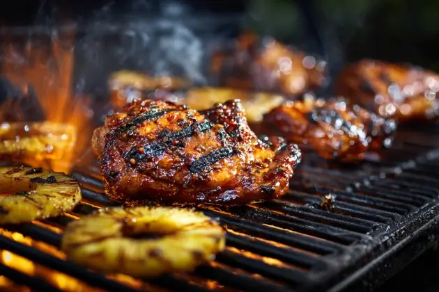 Chicken thighs and pineapple slices grilling on open flame with glaze