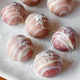 Stack of strawberry truffles on a serving plate with strawberries and mint
