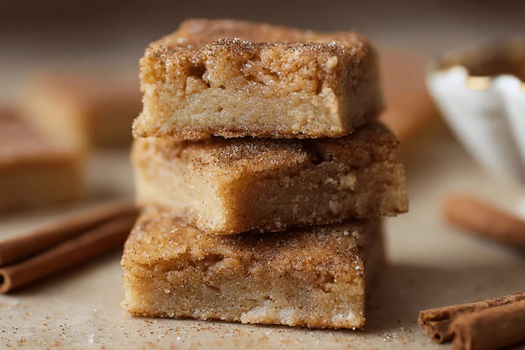 Cinnamon sugar blondies topped with a sprinkle of cinnamon sugar, placed on a rustic plate with soft natural lighting.
