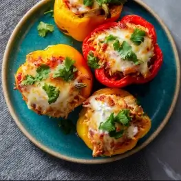 Vegetarian stuffed peppers served with salad, veggies, dips, and pita bread on a family dinner table