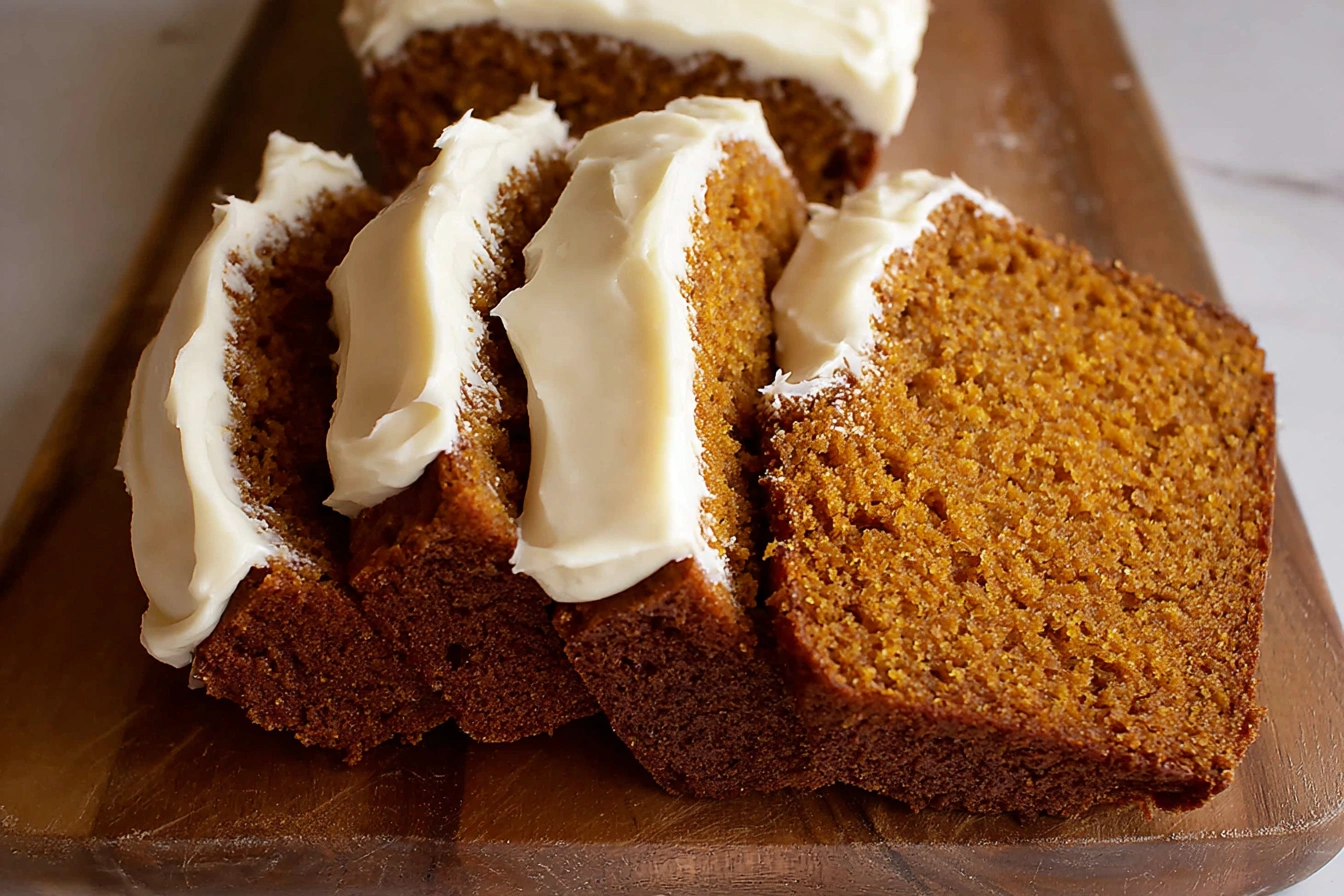 Sliced pumpkin bread with cream cheese frosting served on a wooden board with fall-themed décor.