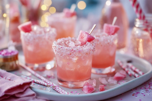 Tray of Pink Starburst cocktails with sugared rims and candy garnishes.