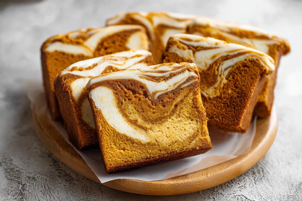 Delicious pumpkin cream cheese swirl cake with a golden crust, featuring a creamy swirl and fall spice decorations