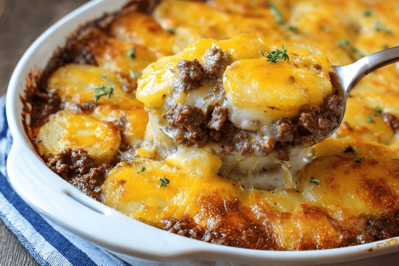 Overhead view of a freshly baked cheesy ground beef and potato casserole with a golden, bubbly cheese topping.