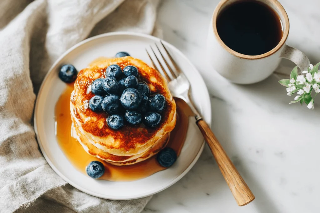 Fluffy protein pancakes topped with blueberries and maple syrup on a white plate, served as a healthy breakfast