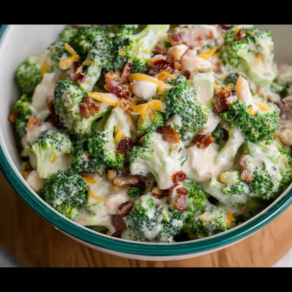 Overhead shot of creamy Amish broccoli salad with bacon, cheddar cheese, and cauliflower in a white ceramic bowl on a rustic kitchen counter