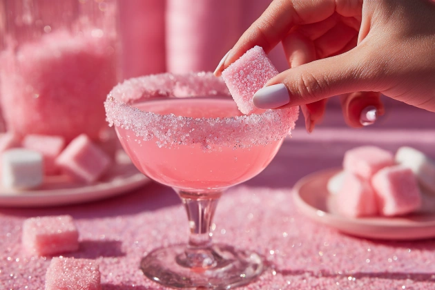 Glass rim dipped into pink sugar for Starburst cocktail garnish.