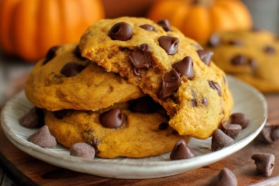 Soft Pumpkin Chocolate Chip Cookies on Cooling Rack Overhead view of pumpkin chocolate chip cookies on cooling rack with fall decor