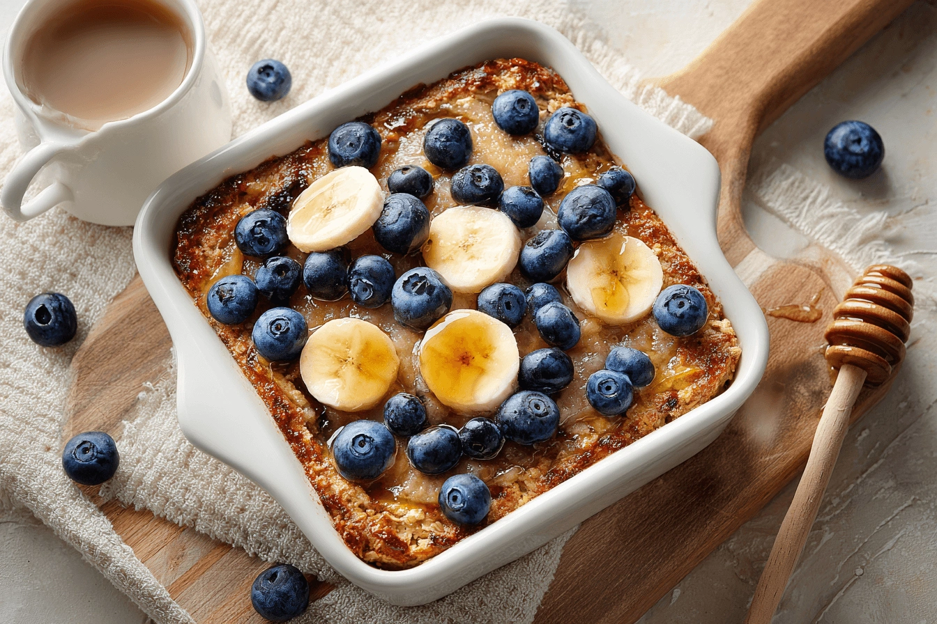 Wholesome baked oatmeal with applesauce, topped with fresh blueberries and banana slices in a 9x9 pan
