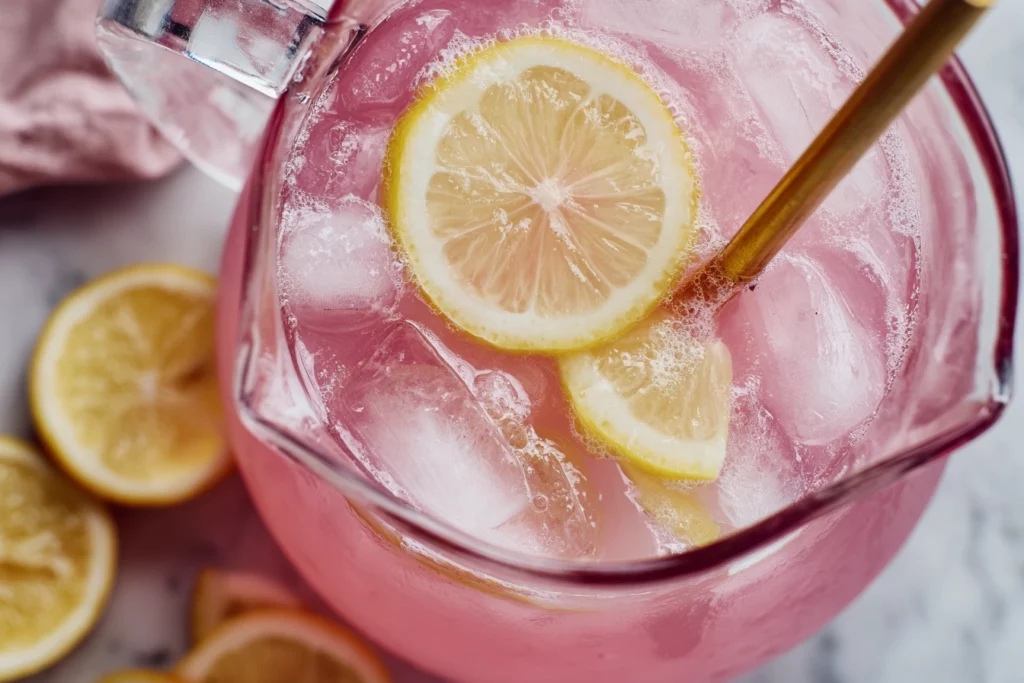 Sprite being poured into a bowl of pink punch with lemon slices and ice