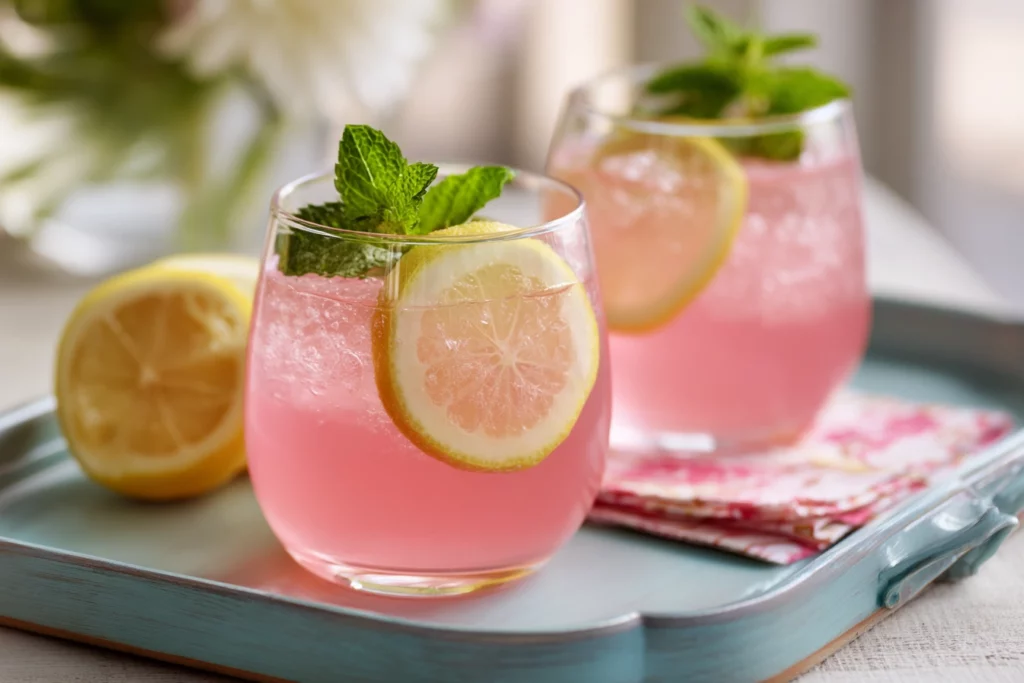 Two glasses of pink punch with lemon slices and mint, served on a party tray