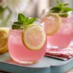 Two glasses of pink punch with lemon slices and mint, served on a party tray