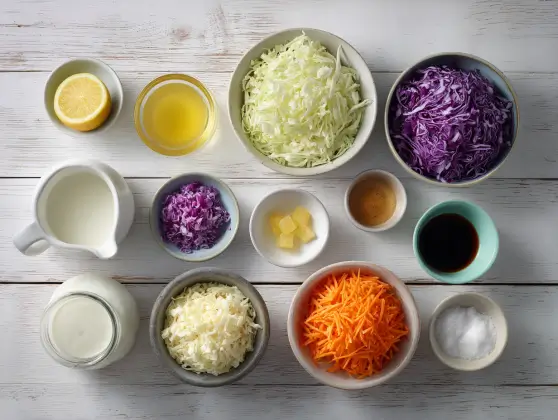 Ingredients laid out for homemade KFC coleslaw, including cabbage, carrots, mayo, milk, and vinegar.