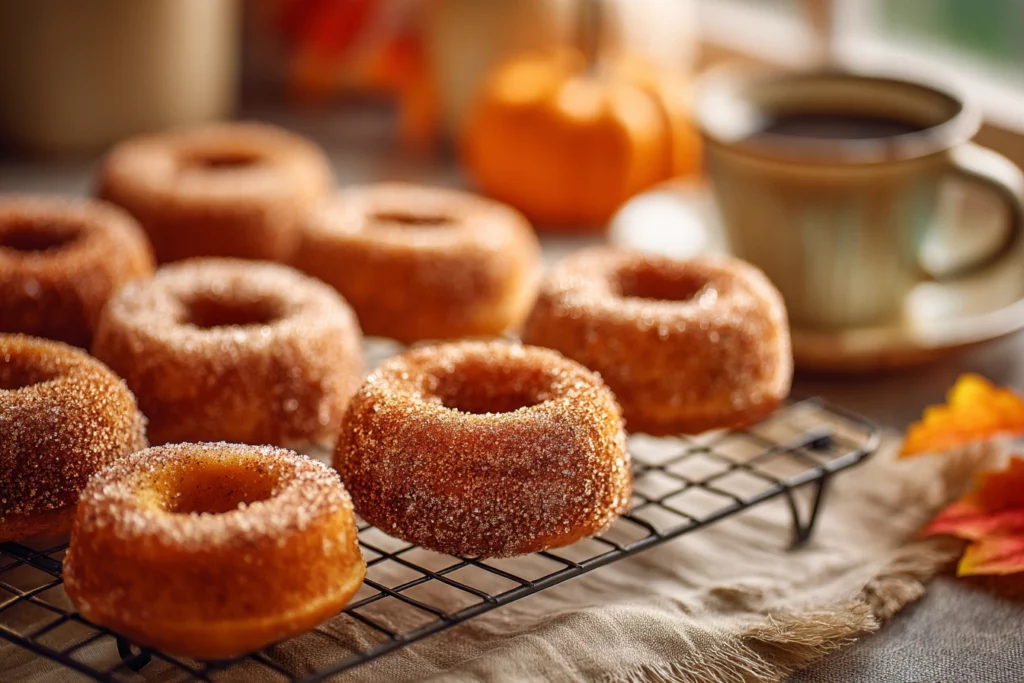 Golden baked pumpkin donuts still in the donut pan cooling on a kitchen counter
