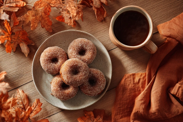 Baked pumpkin donuts on a plate and cooling rack, coated in cinnamon sugar and served with coffee