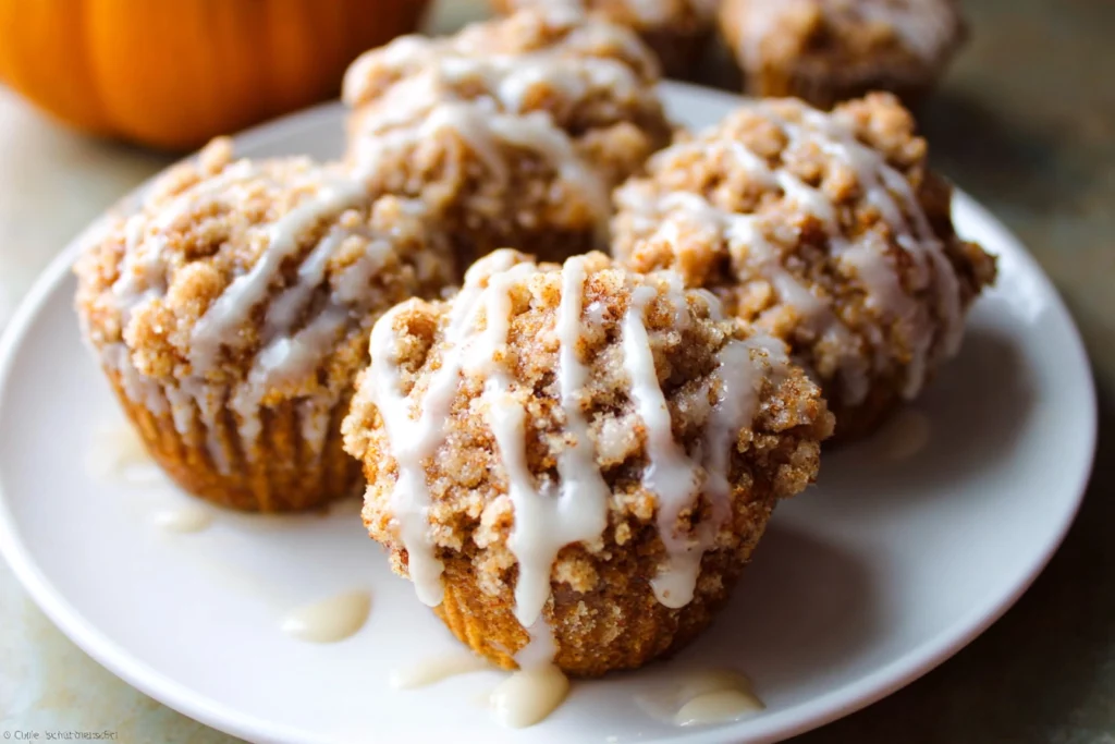 Overhead view of pumpkin crumb cake muffins with streusel topping and maple icing on a wooden board