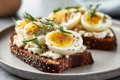 Cottage cheese toast topped with sliced egg and everything bagel seasoning on a rustic breakfast plate