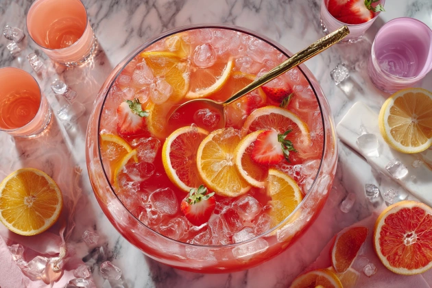 Hand stirring a bowl of pink party punch with floating citrus slices while grenadine is being poured.