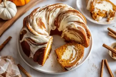 Delicious pumpkin cream cheese swirl cake with a golden crust, featuring a creamy swirl and fall spice decorations