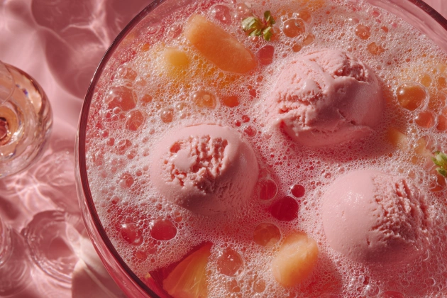 Pink party punch with scoops of melting sherbet and fresh fruit in a glass punch bowl.