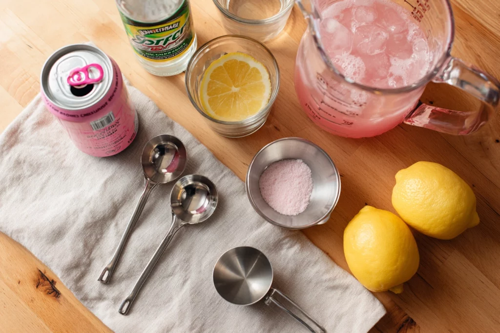 Ingredients for homemade pink punch, including lemonade, Sprite, and pink lemonade concentrate