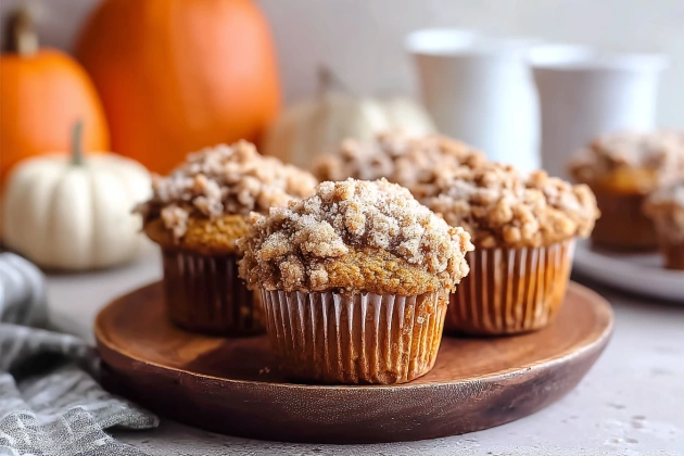 Freshly baked pumpkin crumb muffins with golden streusel topping in a muffin tin on a fall-themed kitchen counter