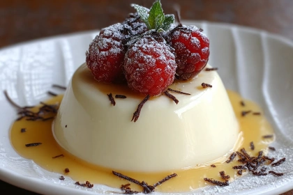 Elegant Italian vanilla panna cotta in a glass cup, topped with fresh raspberries, mint, and a vanilla bean