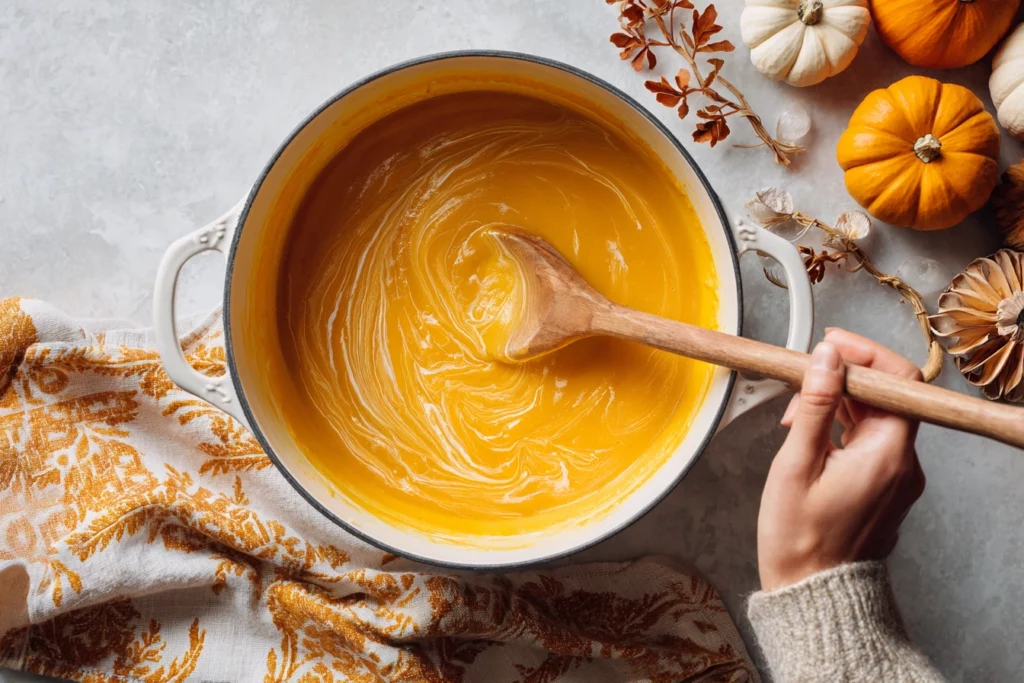 Stirring creamy pumpkin sauce in a white pan with wooden spoon on a cozy fall kitchen counter