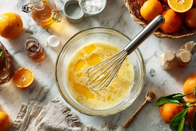 Eggs, sugar, and orange juice being whisked together in a bowl for orange velvet cake batter