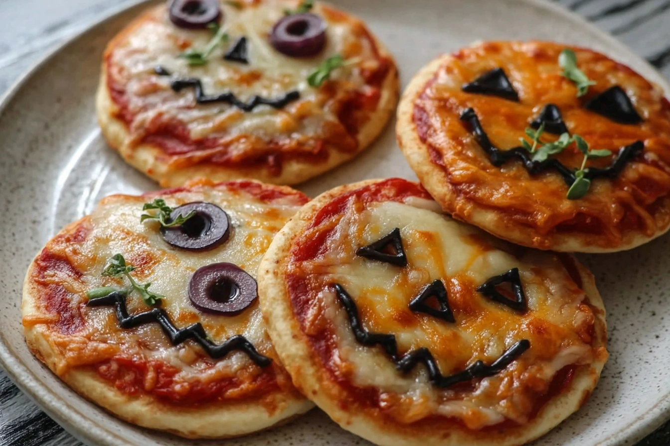 Eight Halloween Mini Pizzas with ghosts, mummies, and jack-o’-lantern faces on a festive fall table