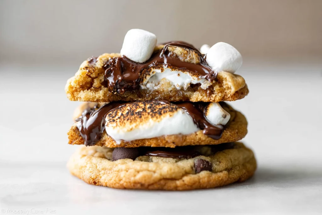 A batch of S’mores Chocolate Chip Cookies with melted marshmallows, chocolate chips, and graham cracker crumbs, perfect for fall.